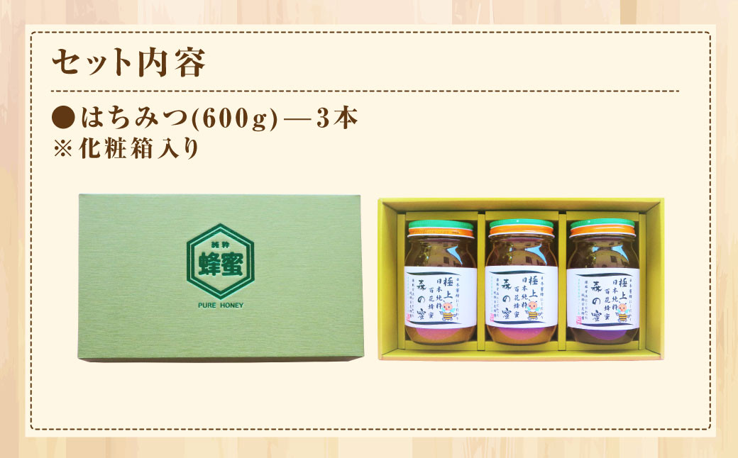 【国産はちみつ】 日本純粋百花蜂蜜 「森の蜜」 600g×3本 計1800g 化粧箱入り