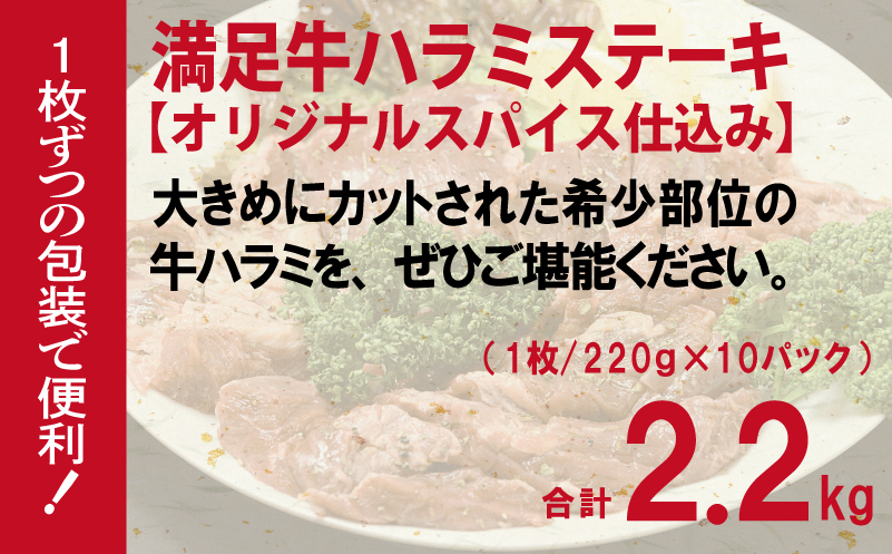 【満足牛ハラミステーキ】オリジナルスパイス仕込み 1枚220g×10P 合計2.2kg 【味付け ハラミ ステーキ 小分け 焼くだけ 簡単調理 BBQ 牛肉】 099H3704