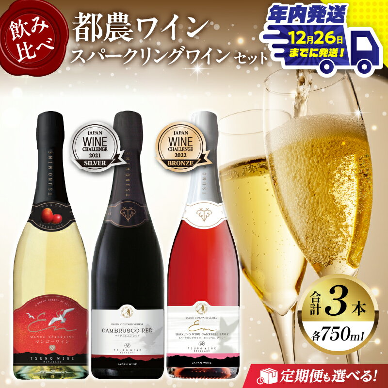 【ふるさと納税】《年内発送》【定期便も選べる】飲み比べ！！ 都農ワイン スパークリング ワイン 3本 セット 酒 飲料 アルコール 国産 ぶどう 赤ワイン 白ワイン 泡 甘口 辛口 シャンパン パーティー お祝い 記念日 イベント ギフト 贈り物 贈答 宮崎県 都農町 送料無料