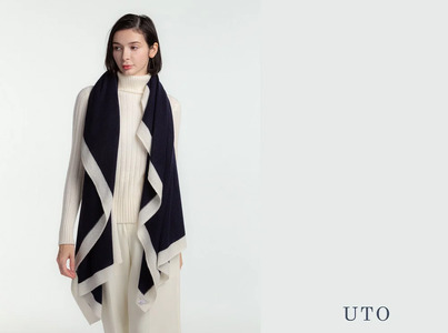 【UTOカシミヤ】 天使のストール大判  額縁配色【エクルベージュ×サンド】 （UTO)