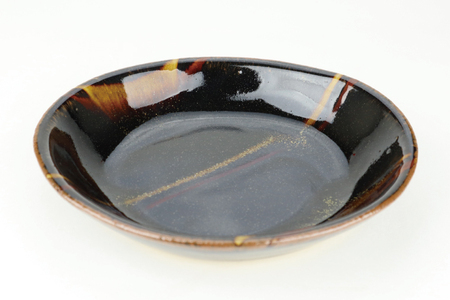 AT007　益子焼　萩原芳典　黒釉線紋楕円皿（小）セット