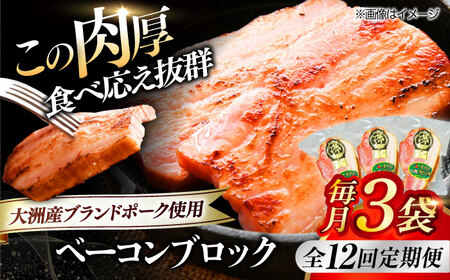【全12回定期便】秒でプラスもう一品！ブランドポーク『オズの箱入り娘』使用！ベーコンブロック×3ケ 合計540g 送料無料 豚肉 小分け 切り落としベーコン 愛媛県大洲市/株式会社オズメッセ[AGAZ051]