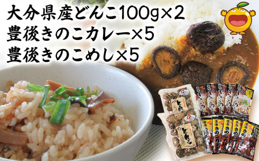 大分産椎茸（しいたけ） どんこ椎茸100g×2・豊後きのこカレー×5・豊後きのこめし×5 詰合せ | 干し椎茸 しいたけ シイタケ 乾し椎茸 乾燥しいたけ 原木 レトルトカレー 混ぜご飯 炊き込みご飯 保存食 常温保存 非常食 ご当地カレー 椎茸 お取り寄せ グルメ 大分県産 九州産 津久見市 国産