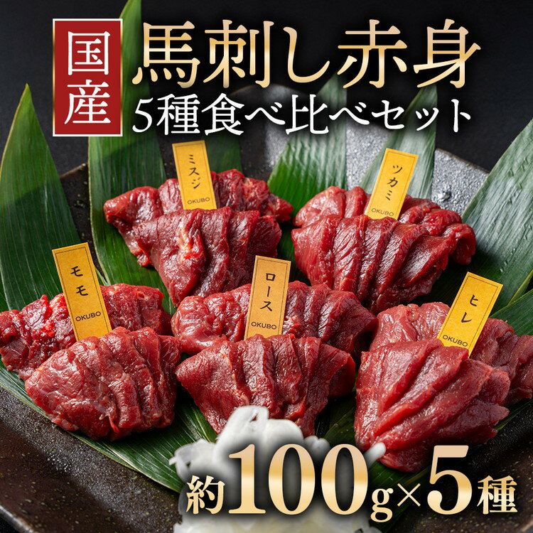 【ふるさと納税】国産 馬刺し 赤身 5種食べ比べ セット（ランプ・ロース・ヒレ・ミスジ・ツカミ） 各100g 【自家製にんにく辛子味噌＆あごだし醤油付き】