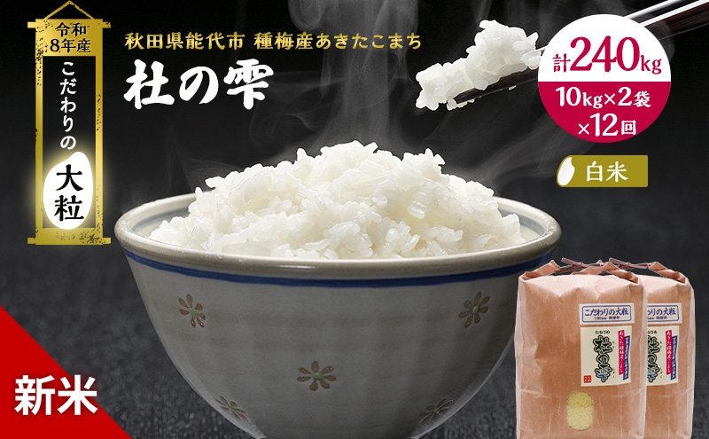 
                  新米 先行予約 令和8年産[白米]【定期便12ヶ月】秋田県産 あきたこまち 20kg(10kg×2)×12回 計240kg 「杜の雫」こだわりの大粒 種梅産【 お米 おこめ たねうめ 精米 ご飯 ごはん ブランド米 大粒 おにぎり 産地直送 能代 】
                