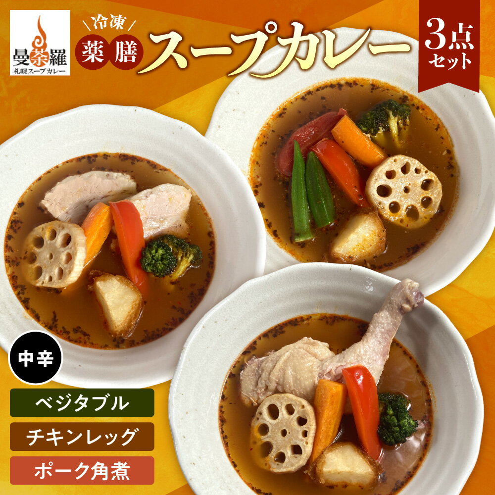 【ふるさと納税】 薬膳 スープカレー 冷凍 各300g以上 3点 セット カレー 中辛 チキンレッグ ベジタブル ポーク角煮 曼荼羅 ストック ソウルフード 真空 手軽 お取り寄せ グルメ 時短 レシピ 北海道 札幌市