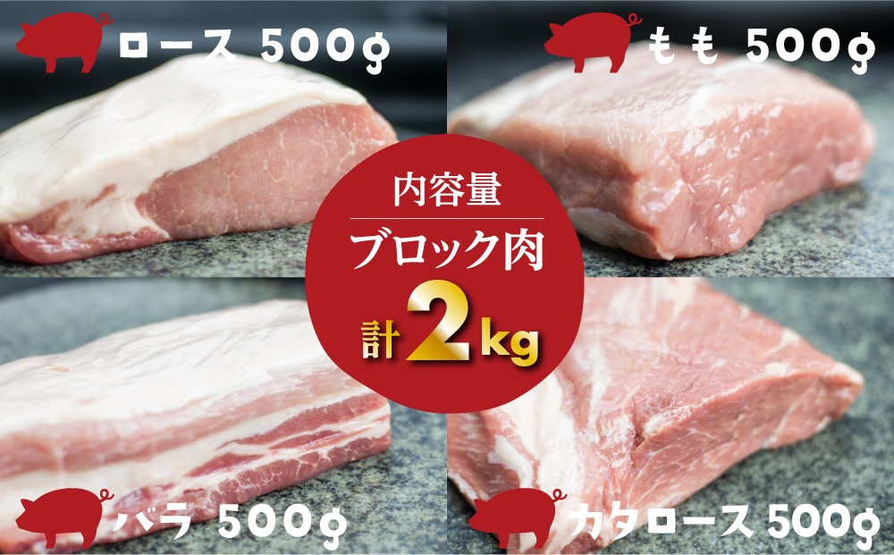 白川郷 結旨豚 ブロック肉 4種セット 計2kg 豚肉 ぶた肉 国産肉 抗生物質 合成抗菌剤不使用 真空パック かたまり肉 肉 バーベキュー BBQ キャンプ ステーキ ロース 肩ロース バラ肉 もも