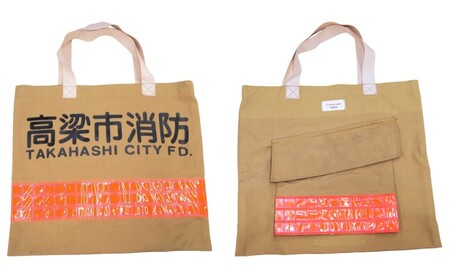 トートバッグ 消防服リメイク ジビエレザー持ち手 トートバッグ【一点物】