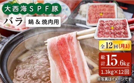 【訳あり】【月1回約1.3kg×12回定期便】大西海SPF豚 バラ（焼肉＆しゃぶしゃぶ用）計15.6kg＜大西海ファーム＞ [CEK123]