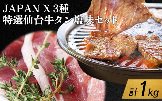 JAPAN X3種800g特選仙台牛タン塩味200gセット計1kg【特選仙台牛タン塩味・ロース・モモ・小間】【04155】