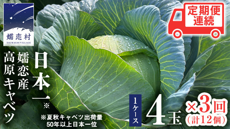 嬬恋キャベツ 定期便 嬬恋産 高原 キャベツ 4玉 1ケース  3ヶ月連続 旬の野菜 きゃべつ 産地直送 群馬 お取り寄せ 野菜 セット Lサイズ ZIP! [AS004tu]