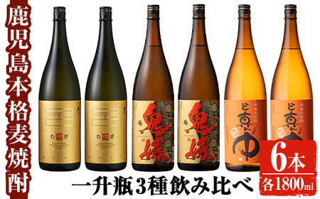 岩川醸造 本格麦焼酎飲み比べ一升瓶6本セット！(麦焼酎の邑、ど真ん中、鬼嫁：各1800ml×2本) 麦焼酎 お酒 飲み比べ【大隅家】C29-v01