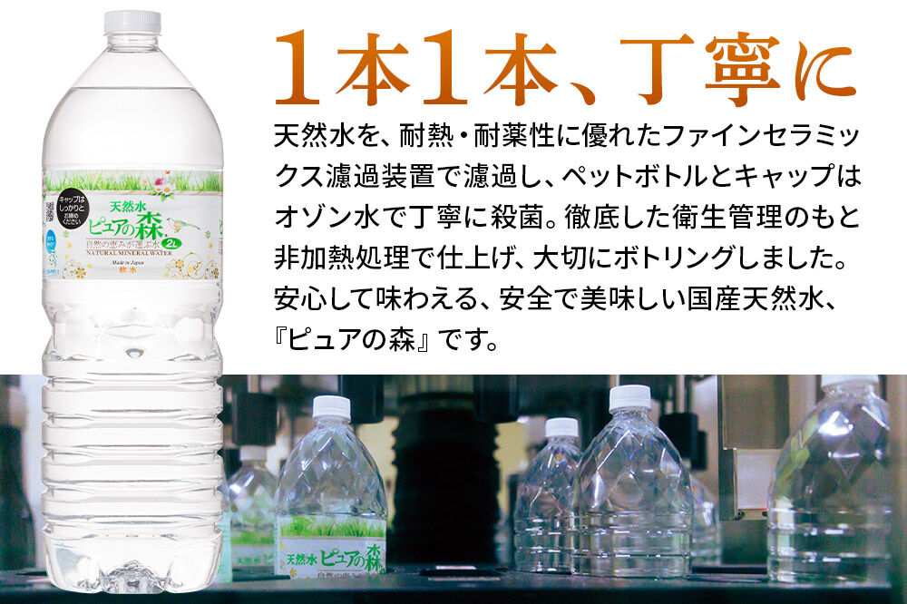 水 《定期便3ヶ月》国産 ミネラルウォーター ピュアの森 2L 6本×1箱 ラベルあり [ミネラルウォーター 国産 天然水 軟水 ペットボトル ラベルあり 非加熱 高性能ろ過 お料理に 無菌充填 2L