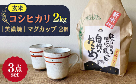 先行予約 【令和6年産新米】 玄米 コシヒカリ 特別栽培米 （2kg） + 【美濃焼】 赤絵かいらぎ マグカップ （2個） 【山松加藤松治郎商店】[TEU002]