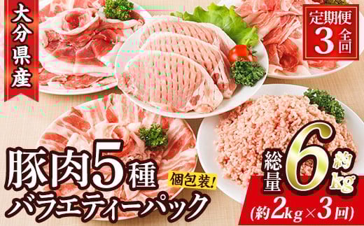 ＜定期便・全3回 (連続)＞ 豚肉 バラエティーパック (総量6kg・4種) 小分け 豚バラ スライス とんかつ ロース 豚こま しゃぶしゃぶ 鍋 大分県 佐伯市【BD208】【西日本畜産】