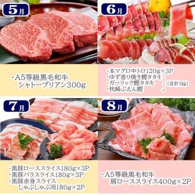 豪華定期便 12回配送　枕崎産伊勢海老　鹿児島県産黒毛和牛　黒豚【配送不可地域：離島】