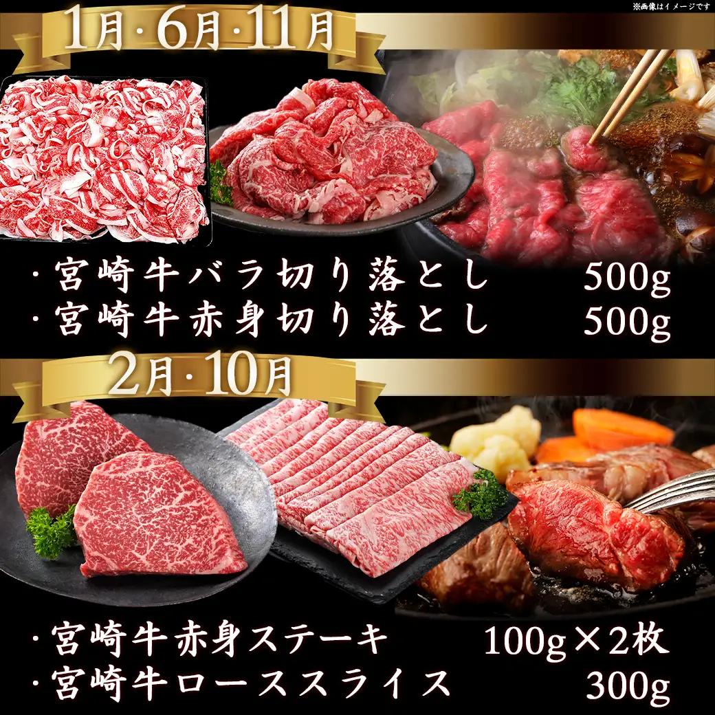 宮崎牛定期便(10ヶ月)〔T120（10）-0103〕_(都城市) 宮崎牛 A5 10ヶ月定期便 赤身 バラ ロース スライス 焼肉用 切り落とし サーロインステーキ