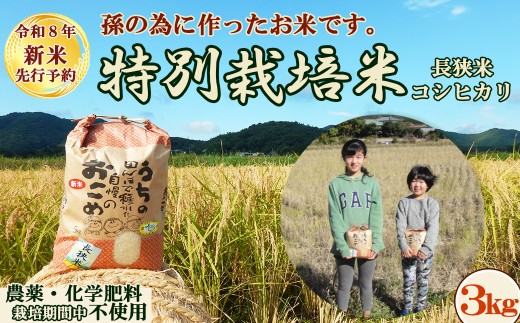 【令和８年産 新米 先行予約】孫のために作りました！『長狭米 コシヒカリ 特別栽培米』３kg《玄米》《９月中旬より順次発送》《数量限定》減農薬 減化学肥料 農家直送 玄米 白米 熟成精米 [田代農園][0015-0074]