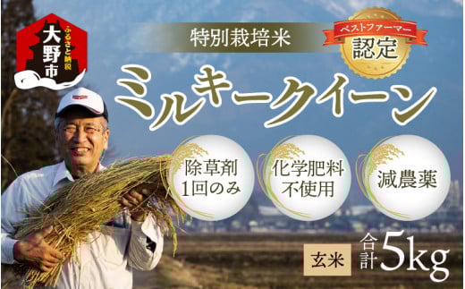 【先行予約】【令和7年産 新米】【無農薬に限りなく近い】ミルキークイーン 玄米 ５kg 除草剤１回のみ・有機質肥料による特別栽培米