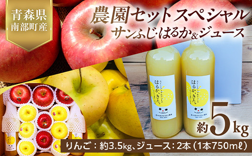 青森県産 サンふじ・はるか＆りんごジュース (農園セットスペシャル) 5kg 【佐々木あきおはるこ農園】 青森りんご リンゴ 林檎 アップル リンゴジュース あおもり 青森県 南部町 三戸 果物 くだもの フルーツ おすすめ F21U-584