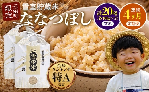 【定期便4ヶ月】ななつぼし 玄米 20kg(10kg×2袋) 5月発送開始 特Aランク米 令和7年産 雪冷気 籾貯蔵 雪中米 北海道 nr-1301