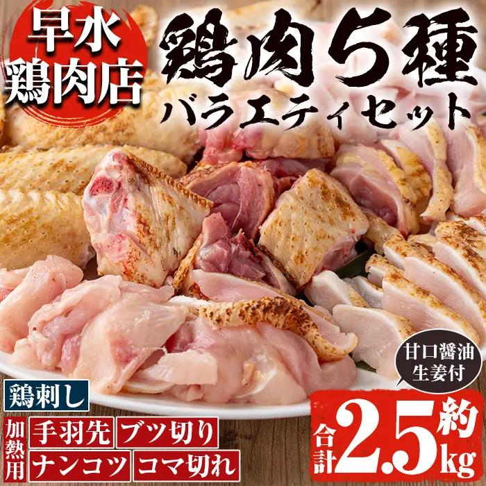 ＜2026年10月発送分(10月31日迄に発送)＞鳥刺し 鶏刺し 鹿児島県産 自家製鶏 5種バラエティセット 約2.5kg【早水鶏肉店】_y115-2610