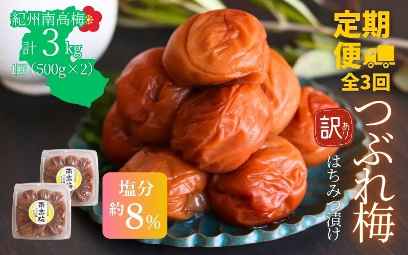 
                  【定期便全3回】【塩分約8％】和歌山県紀州南高梅つぶれ  はちみつ漬け訳あり 500g×2 agrjpn-tkb004
                