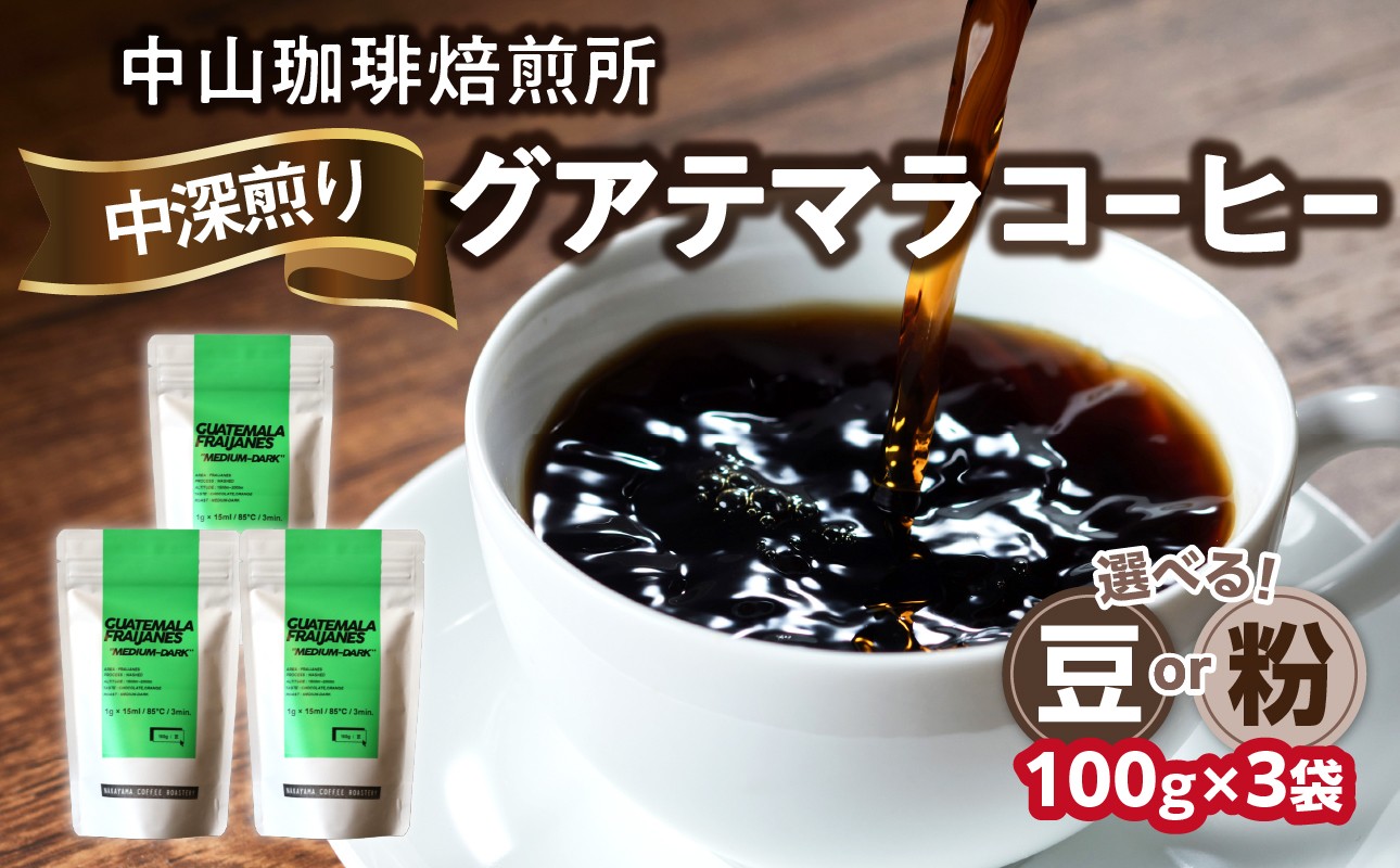 
             自家焙煎コーヒー 中深煎り グアテマラ【豆/粉】100g×3袋（合計300g）中山珈琲焙煎所 コーヒー豆  自家焙煎 珈琲  コーヒー ロースト グアテマラ 中深煎り 京都府 木津川市【056-15】
          