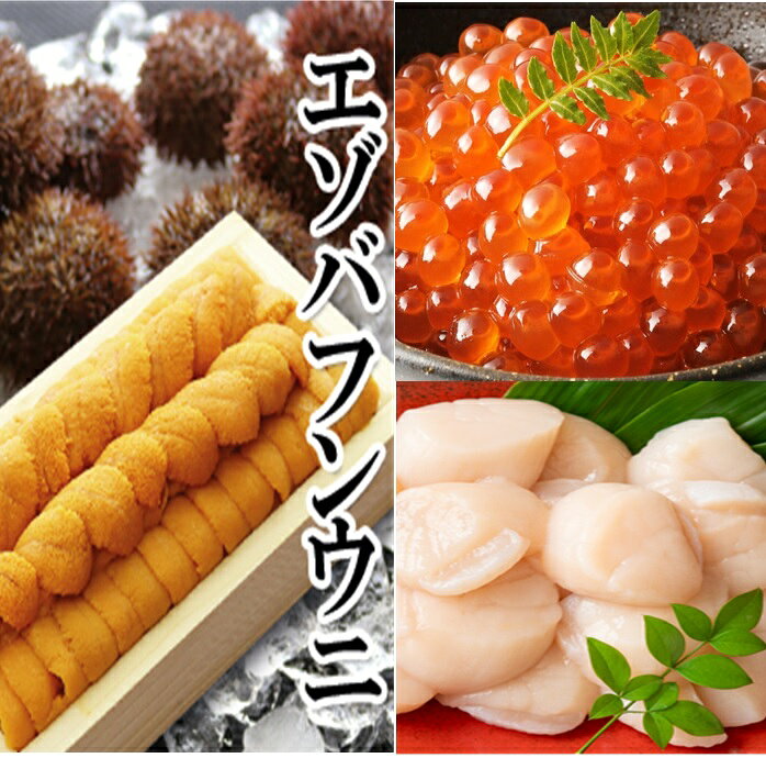 【ふるさと納税】 エゾバフンウニ 140g × 1 折、いくら醤油漬け(鱒卵) 150g × 1P、お刺身ホタテ貝柱 500g × 1P [2027年1月中旬以降発送] ホタテ ほたて 帆立 帆立貝柱 ほたて貝柱 イクラ 醤油 醤油漬け 魚卵 鮭卵 うに 雲丹 バフンウニ 北海道 根室市 E-40003