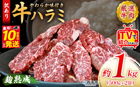 TVで紹介！＜麹熟成で旨み引き立つ！やわらか味付き 牛ハラミ 約1kg（500g×2）＞ テレビ TV 訳あり はらみ ハラミ 赤身 大容量 牛肉 お肉 焼肉 BBQ 味付き 麹 コスパ 塩味 レシピ 丼 献立 惣菜 おかず 簡単 グルメ 株式会社丸和 愛媛県 西予市【冷凍】『最短10営業日以内に順次出荷』MMW0005