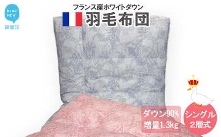 羽毛布団 シングル（G-03）（ブルー系） フランス産 ホワイトダウン 90％ ツインキルト2層式 抗菌 防臭