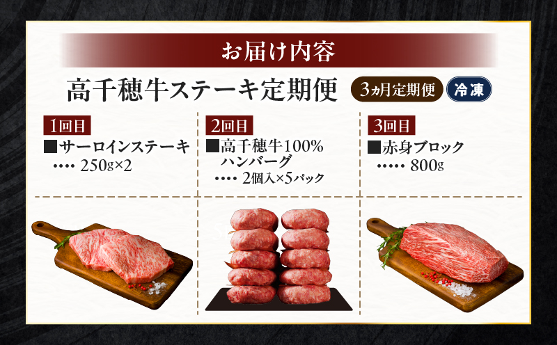 【3か月定期便】 高千穂牛ステーキ定期便| 牛肉 肉 お肉 サーロイン ステーキ 赤身 赤身ブロック 定期便 定期 国産牛 ブランド牛 和牛 ローストビーフ ハンバーグ 国産 贈答 贈り物 簡単調理 おかず 普段使い 宮崎県 高千穂 |_Tk002-t083