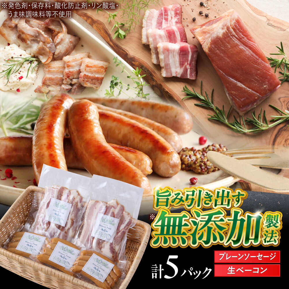【ふるさと納税】中山道ハム プレーンソーセージ 生ベーコン 計5パック 小分け 冷凍 瑞浪市 / オーガニックフーズ お取り寄せ 小分け 手作り 無塩せき 発色剤 保存料 無添加[AZAK009]