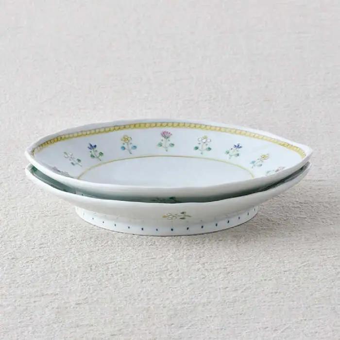 【波佐見焼】はなごよみ ヤシの実型皿 プレート お皿 グリーン・黄色 ペアセット 食器 皿 【藍水】 [GB36]  波佐見焼