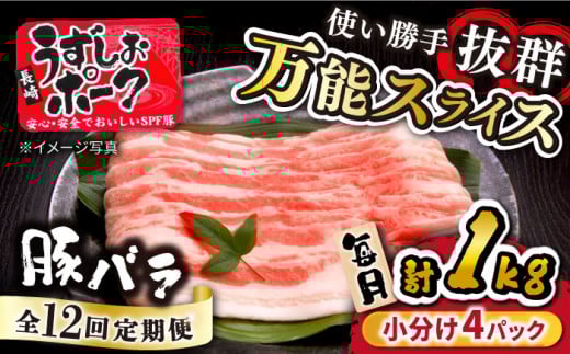 【12回定期便】 うずしおポーク 豚バラ スライス 約1kg （250g×4パック） 国産豚 訳あり ＜スーパーウエスト＞ [CAG261] 長崎 西海 国産豚 ブランド豚 小分け 豚バラ 便利 スライス 1kg 定期便 豚肉 豚 小分け スライス