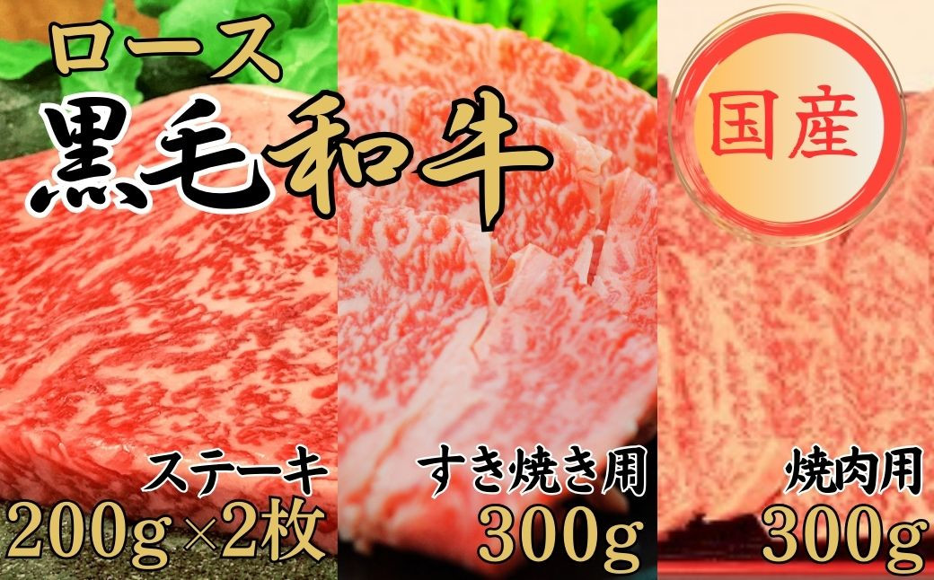 
球磨牛 くまもと黒毛和牛ロースセット（ﾛｰｽｽﾃｰｷ200g×2枚・すき焼き用300g・焼肉用300g）
