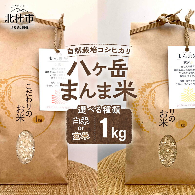 【ふるさと納税】 米 コシヒカリ まんま米 1kg×1袋 選べる種類 白米 玄米 農薬不使用 肥料不使用 手植え 手刈り 天日干し 八ヶ岳 山梨県 北杜市 【令和7年度米】 送料無料