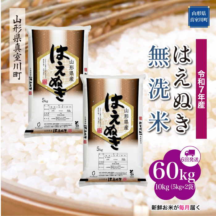 ＜令和7年産米＞ はえぬき 【無洗米】60kg定期便(10kg×6回)　配送時期指定できます！ 山形県真室川町
