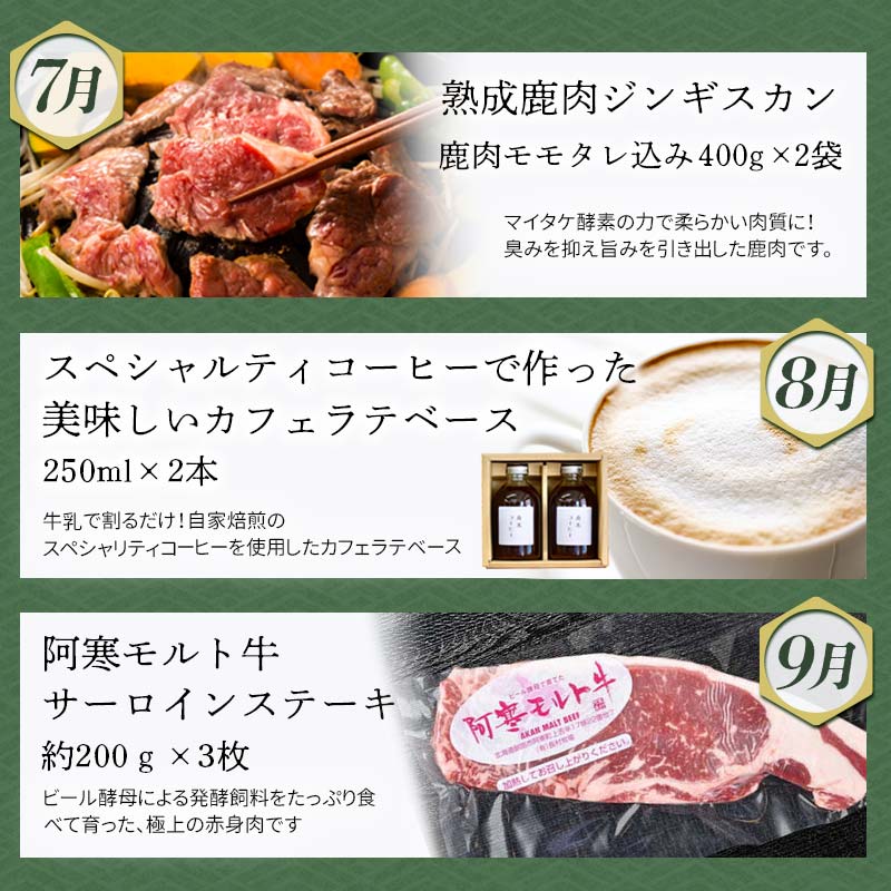 【 定期便 12か月 】釧路市 を感じる定期便 鮭 保存食 スイーツ 豚丼 牛 ステーキ うに ウニ 雲丹 肉 コーヒー たらこ ホタテ いくら 数の子 魚卵 頒布会 セット F4F-4295
