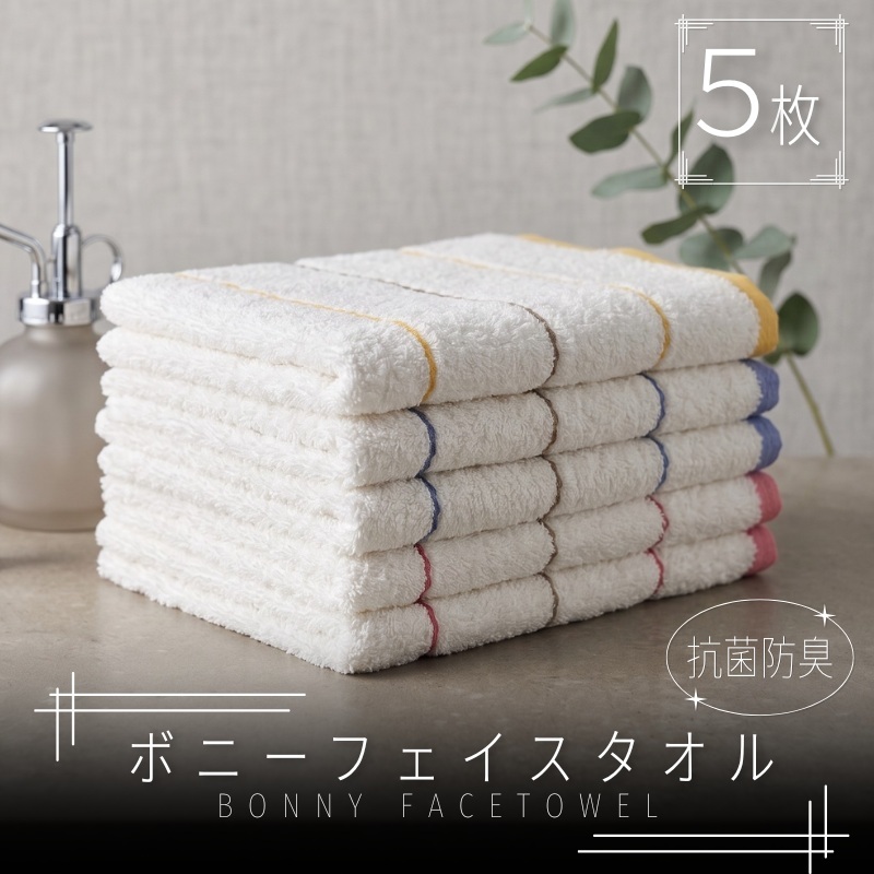 ボニー フェイスタオル（５枚セット）【泉州タオル 国産 吸水 普段使い シンプル 日用品】 G4820