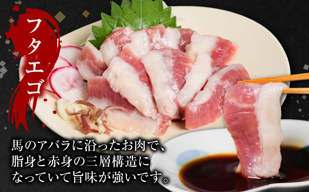 フタエゴ：馬のあばらに沿ったお肉で、脂身と赤身が三層構造になっていて旨味が強いです。