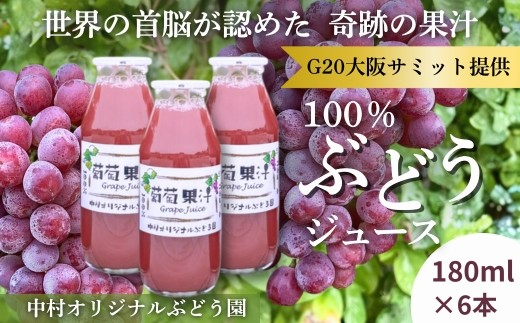
                  ぶどうジュース 100%  G20大阪サミット提供 中村オリジナルぶどう園 砂糖不使用 無添加 無加水 高糖度20度超 世界が認めた高級ストレートジュース ギフト 贈答品 日本製 国産ぶどう使用 限定 大阪 河内長野 甘い 濃厚 飲みきり おいしい 美味しい ポリフェノール 小瓶 小分け ぶどう ブドウ 高級 
                