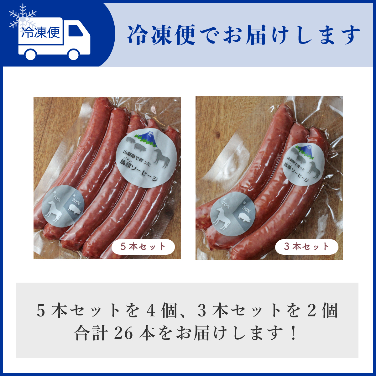 大月市で肥育した馬と放牧豚で作った馬豚ソーセージ 【馬肉70%：豚肉30%】