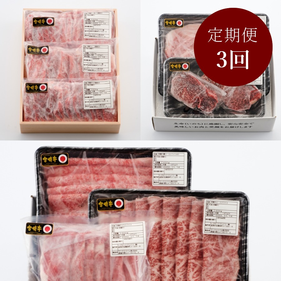 【宮崎牛】匠の食べ比べ堪能コース 焼肉 3種 合計900g、スライス 3種 合計1.3kg、ステーキ 2種 合計700g定期便 3カ月