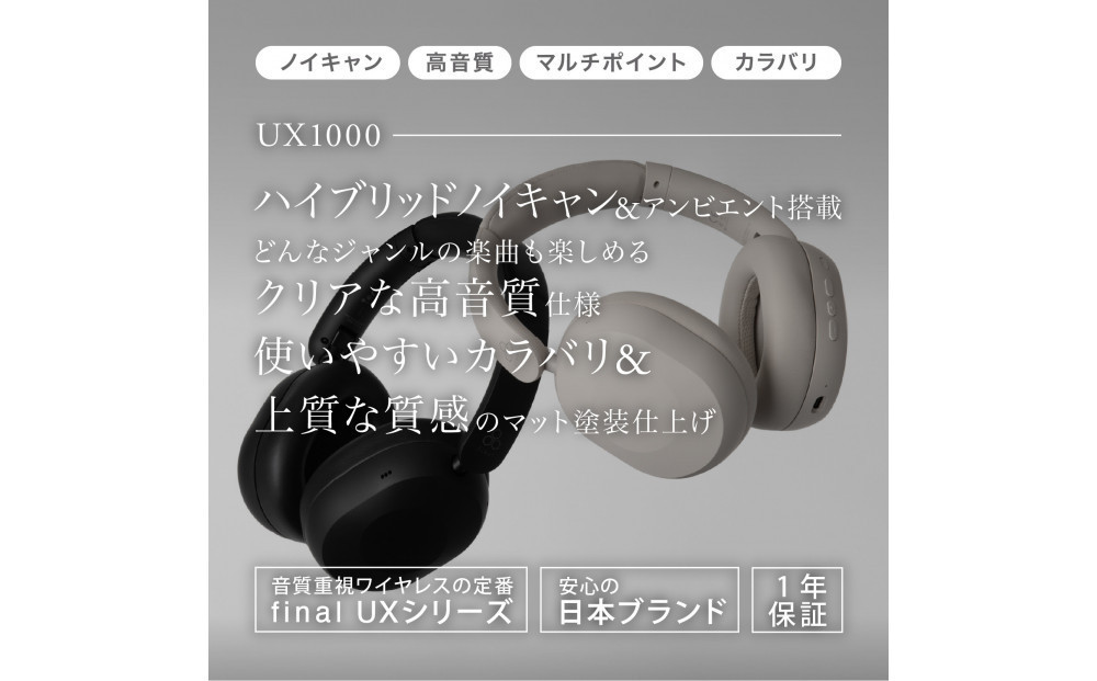 ワイヤレスヘッドホン final UX1000 BLACK ハイコスパモデル/ノイズキャンセリング/ノイキャン/ANC/マイク付き