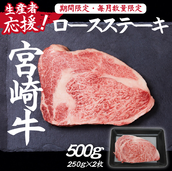 【D002】【生産者応援！】宮崎牛ロースステーキ500g（250g×2枚 宮崎牛 和牛  国産 牛肉  霜降り ステーキ ロース）