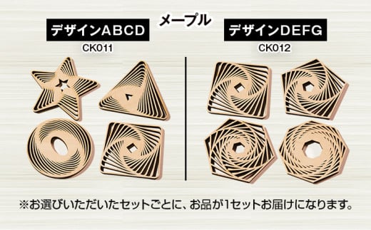 木製コースター ４枚セット 図形 メープル CK011 メープルデザインABCD