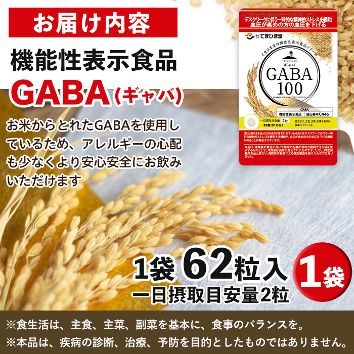 No.1294 ＜機能性表示食品＞GABA100(1袋 62粒入り)  鹿児島 日置市 健康食品 栄養バランス 食生活 安心安全 ストレス緩和 高血圧 サプリメント GABA ギャバ 【てまひま堂】