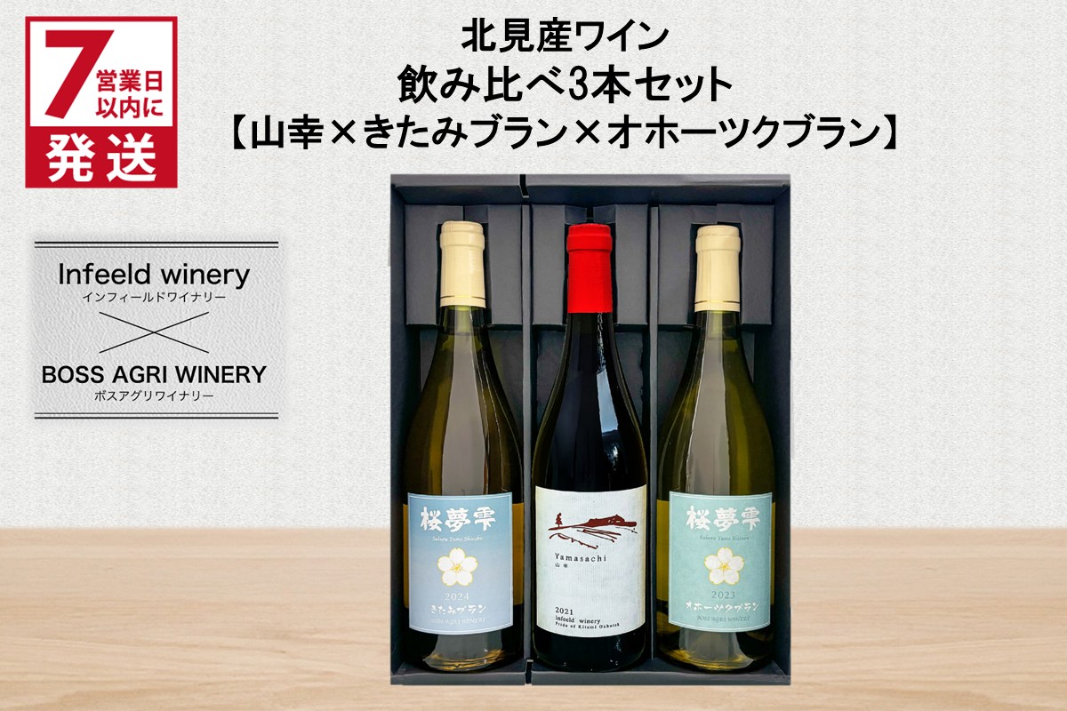 《7営業日以内に発送》北見産ワイン 飲み比べ3本セット（山幸×きたみブラン×オホーツクブラン） ( ワイン 赤ワイン 白ワイン 熟成白ワイン セット 飲み比べ ギフト 贈り物 )【186-0007】