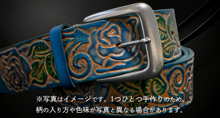 牛革ベルト 薔薇模様 青+緑かすれ染め【太さ40mm / 厚さ3.7mm / M(110cm)】 [BE045ya-M]